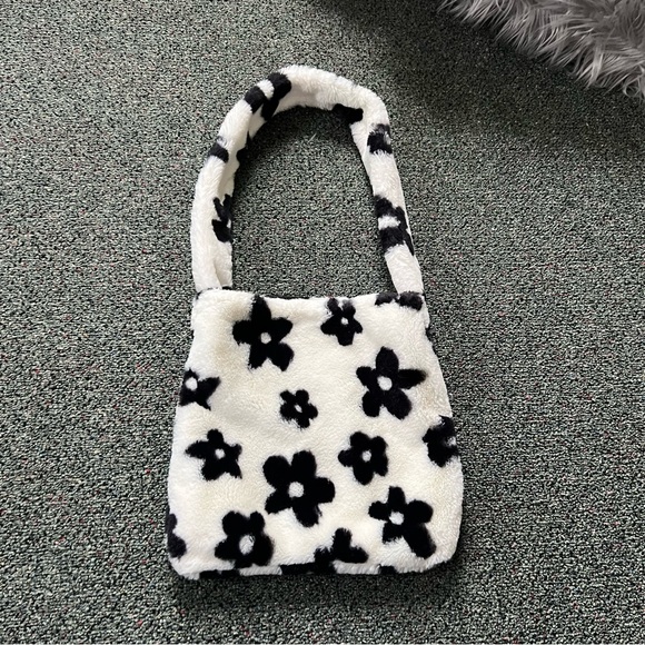 Fuzzy Furry Soft Black & White Floral Cow Print Medium Casual Shoulder Tote Bag - Picture 4 of 16